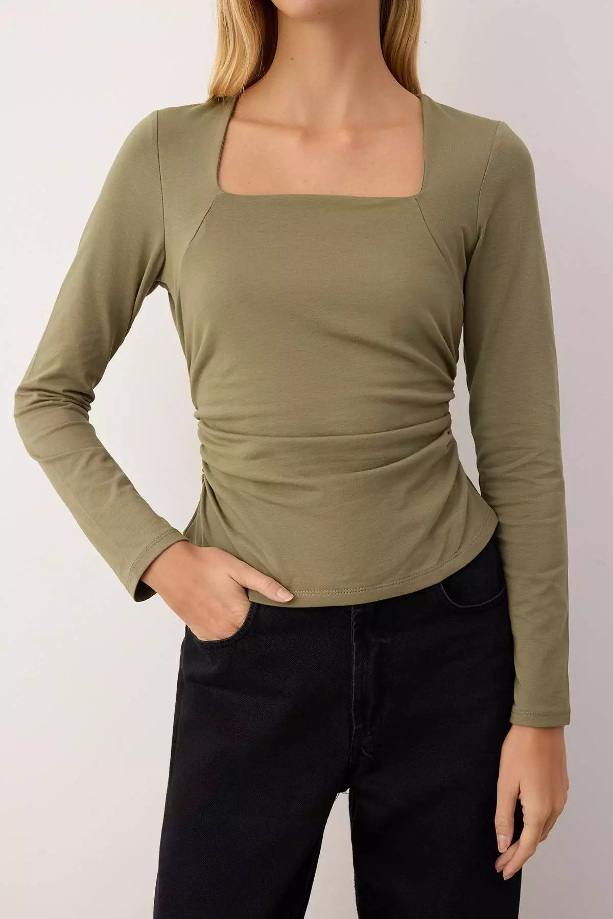 Khaki Square Neck Gathered/Drape Detailed Slim/Fits-A-Body Knitted Blouse