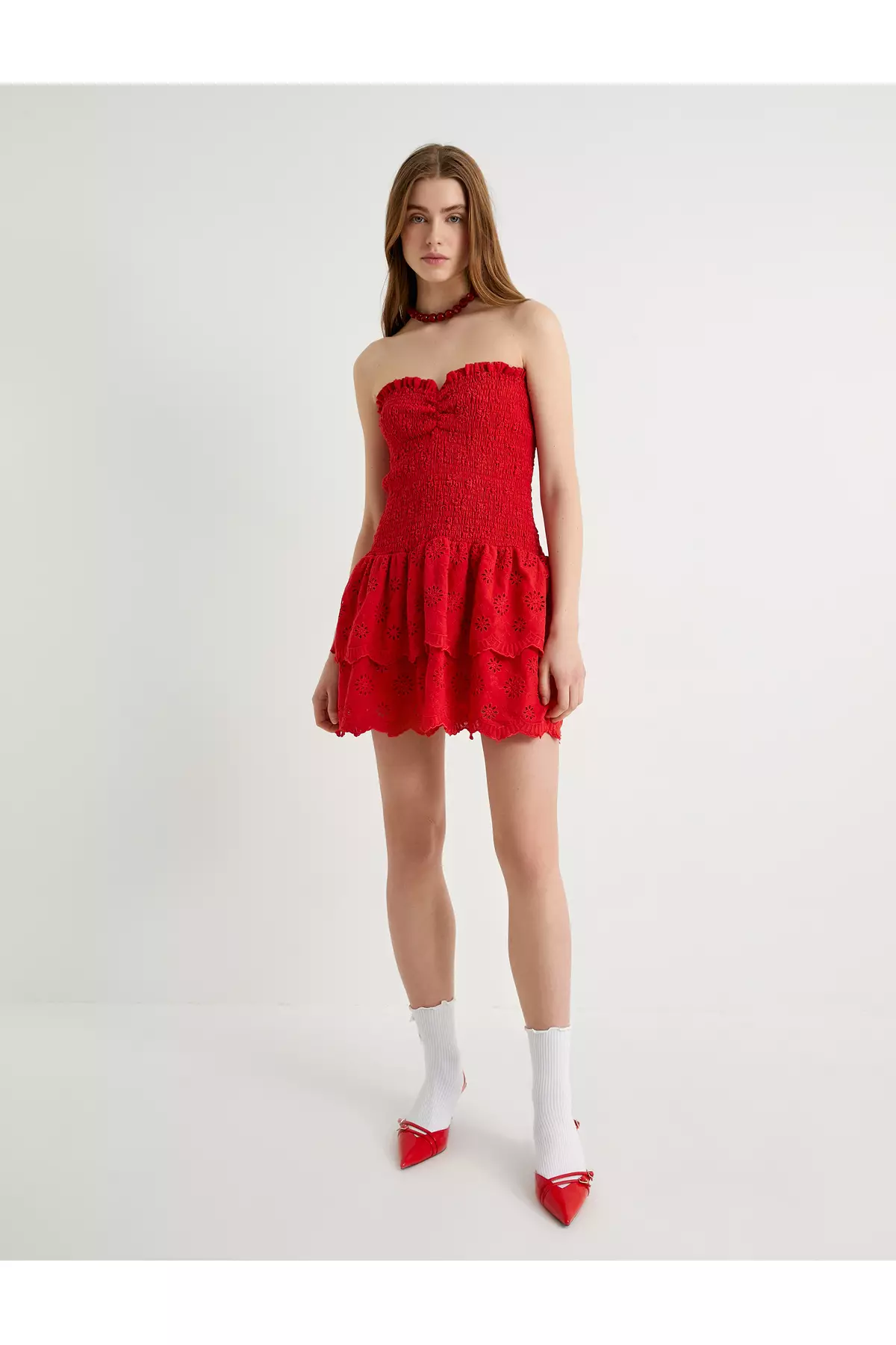 波浪邊露肩迷你連身裙 桃心領