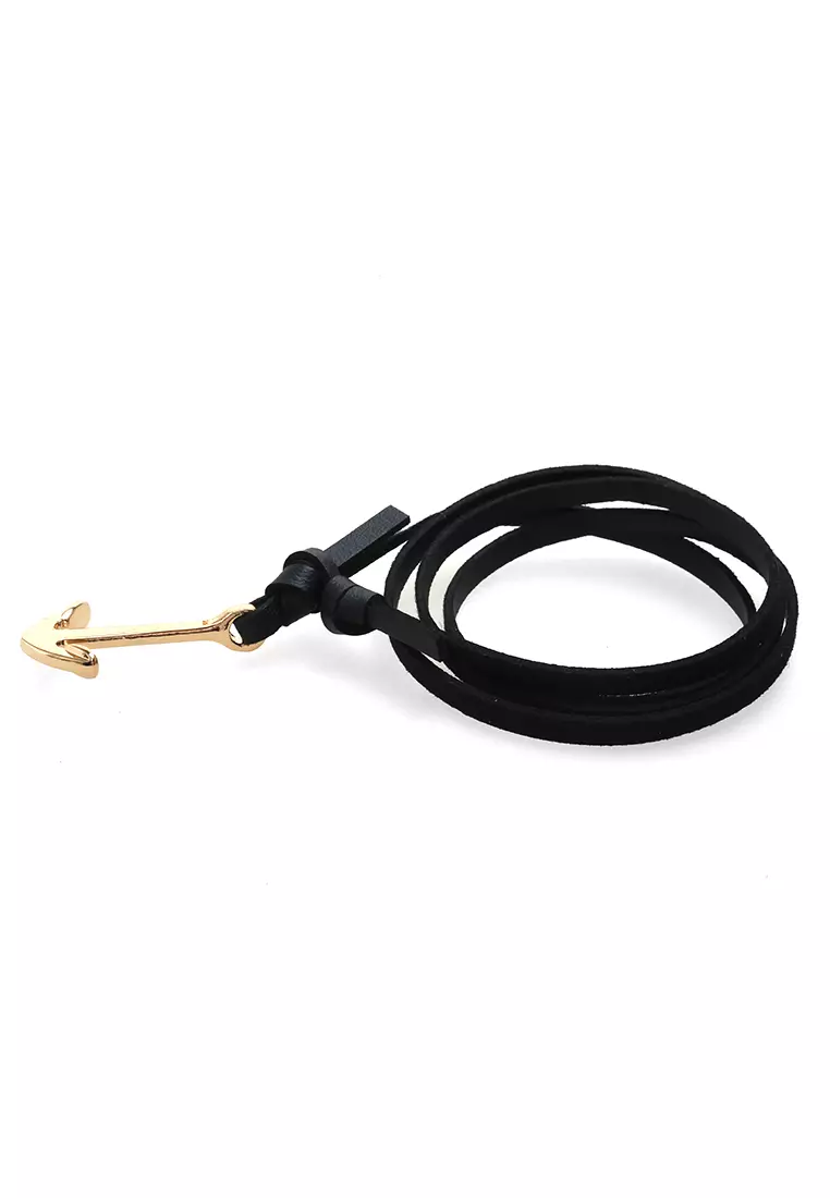 Aleda Gelang Kasual Pria Wanita Aksesoris Fashion Bracelet Adjustable Strap Anchor Design Material Leather ORIGINAL - Black