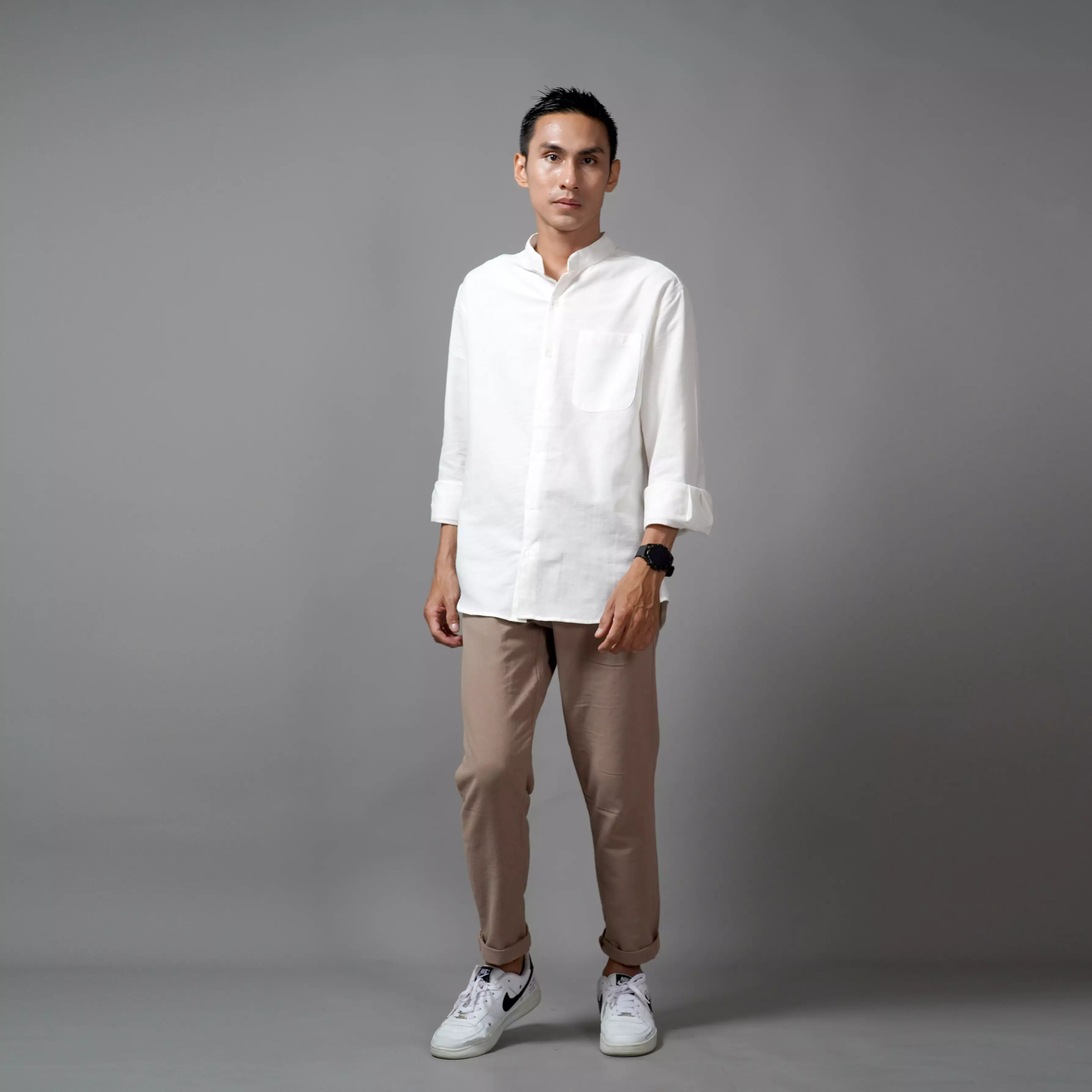  ASHRAF Kemeja Pria Casual Linen Baju Koko Kemeja Lengan Panjang - Brokenwhite