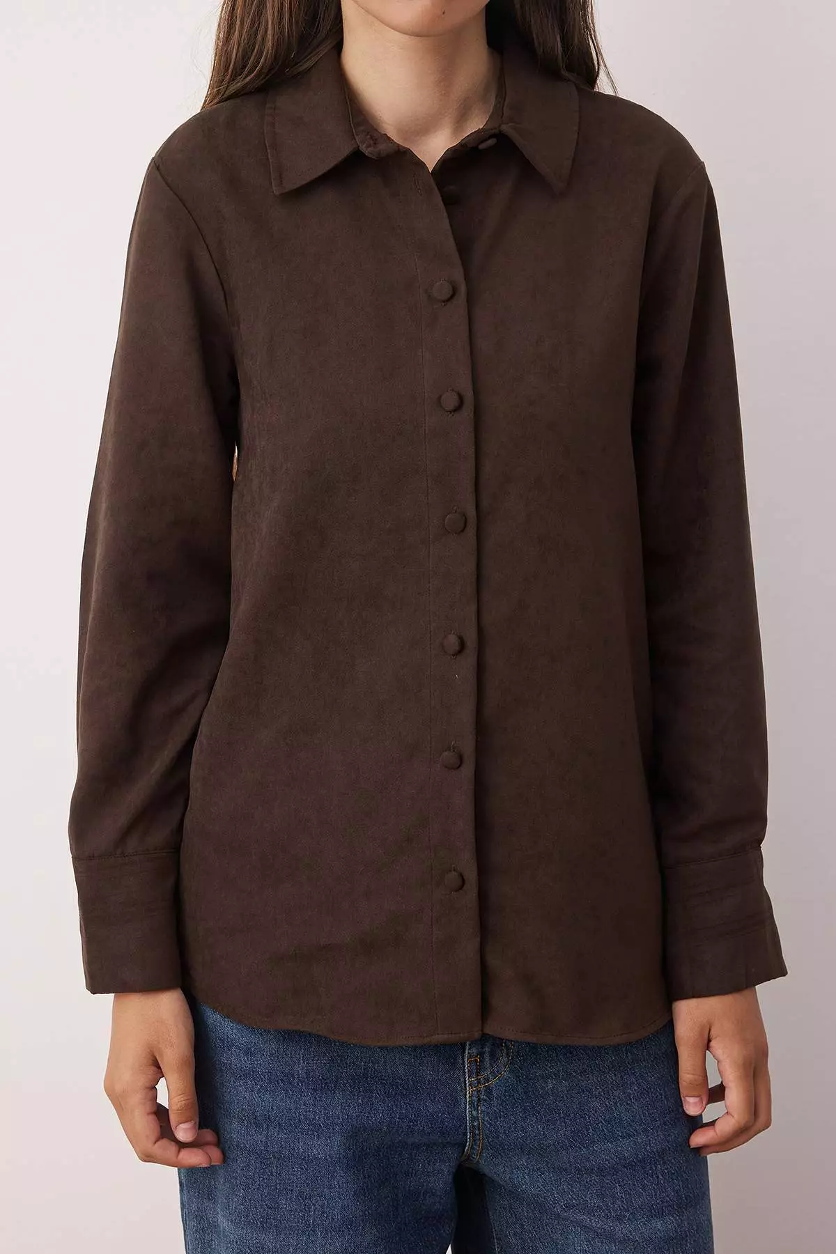 Dark Brown Regular Fit Suede Shirt Twoaw26Go00027