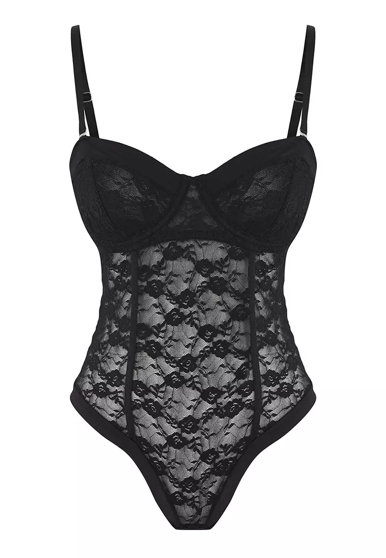 Buy Trendyol Black Lace Window/Cut Out Detailed Knitted Bodysuit ...