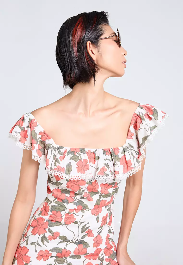 Ruffled Off-Shoulder Floral Linen Dress
