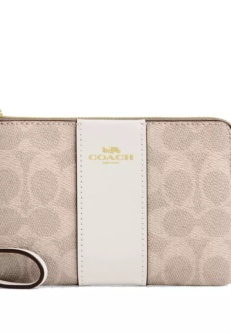 Corner Zip Wristlet In Signature Canvas With Stripe - Sand White