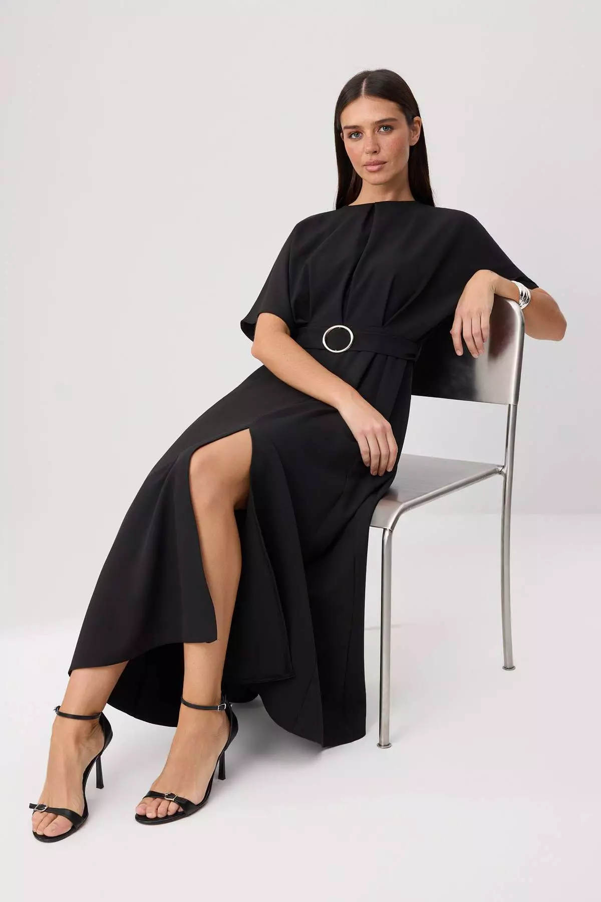 Black Belt Piece Plain Belt Piece Midi Woven Dress Twoss25El00804