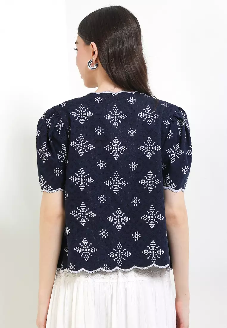 Outer Cardigan Batik Cap Dobby Atasan Wanita Spesial JFW Collection Binar Anandara Katun Bordir Embro Navy