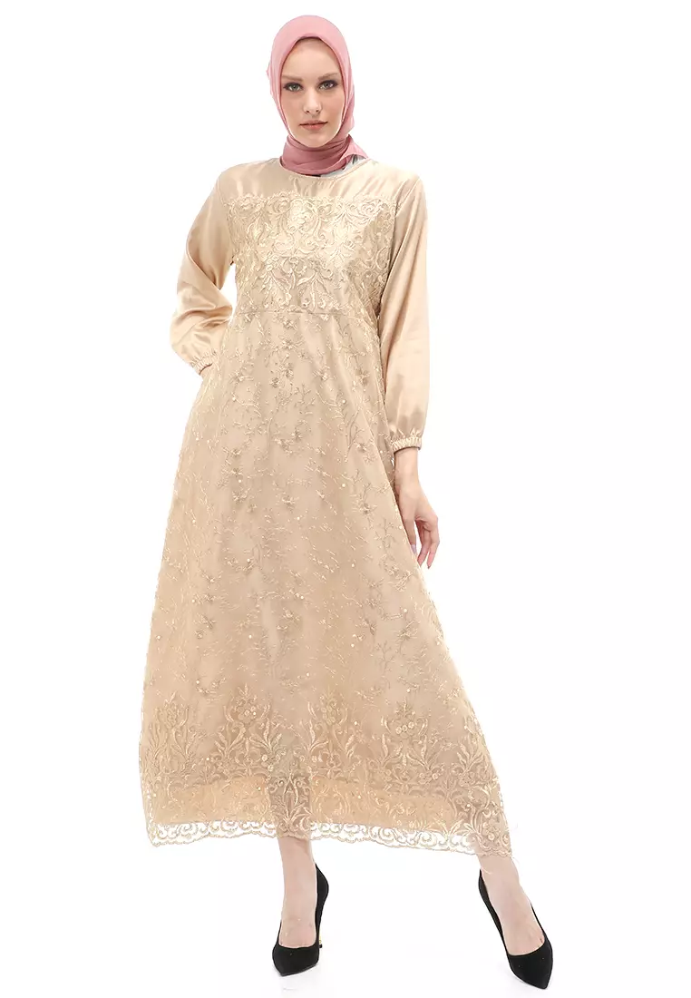 Monita Gamis Brokat Tile Wanita Muslimah Regular Fit - Mocca