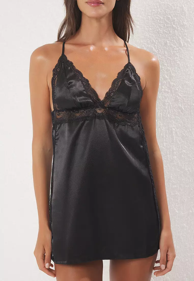 Black Satin Lace and Slit Detailed Rope Strap Woven Fantasy Nighty  THMSS25CY00001