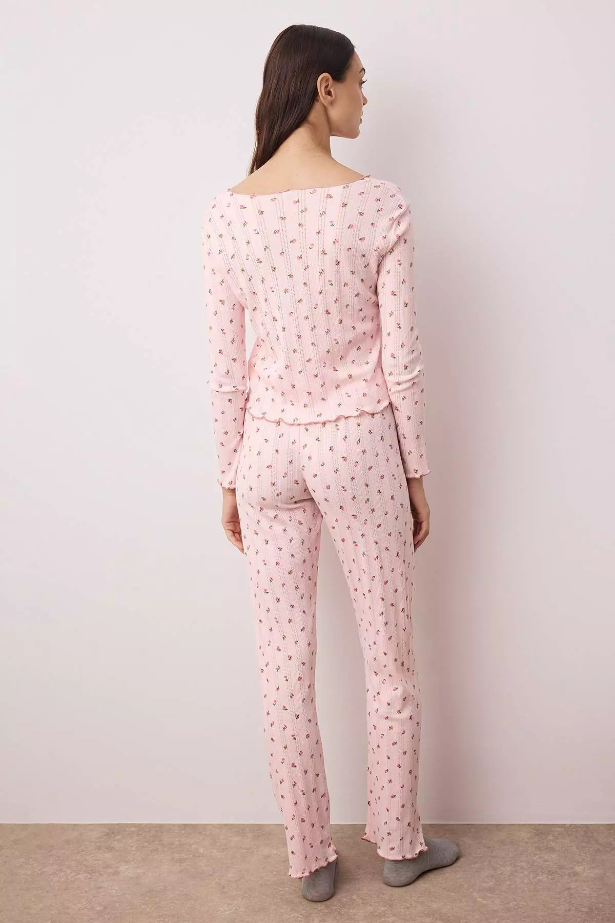 Pink Floral Ribbon/Bow Ribbed/Pointel Knitted Pajamas Set