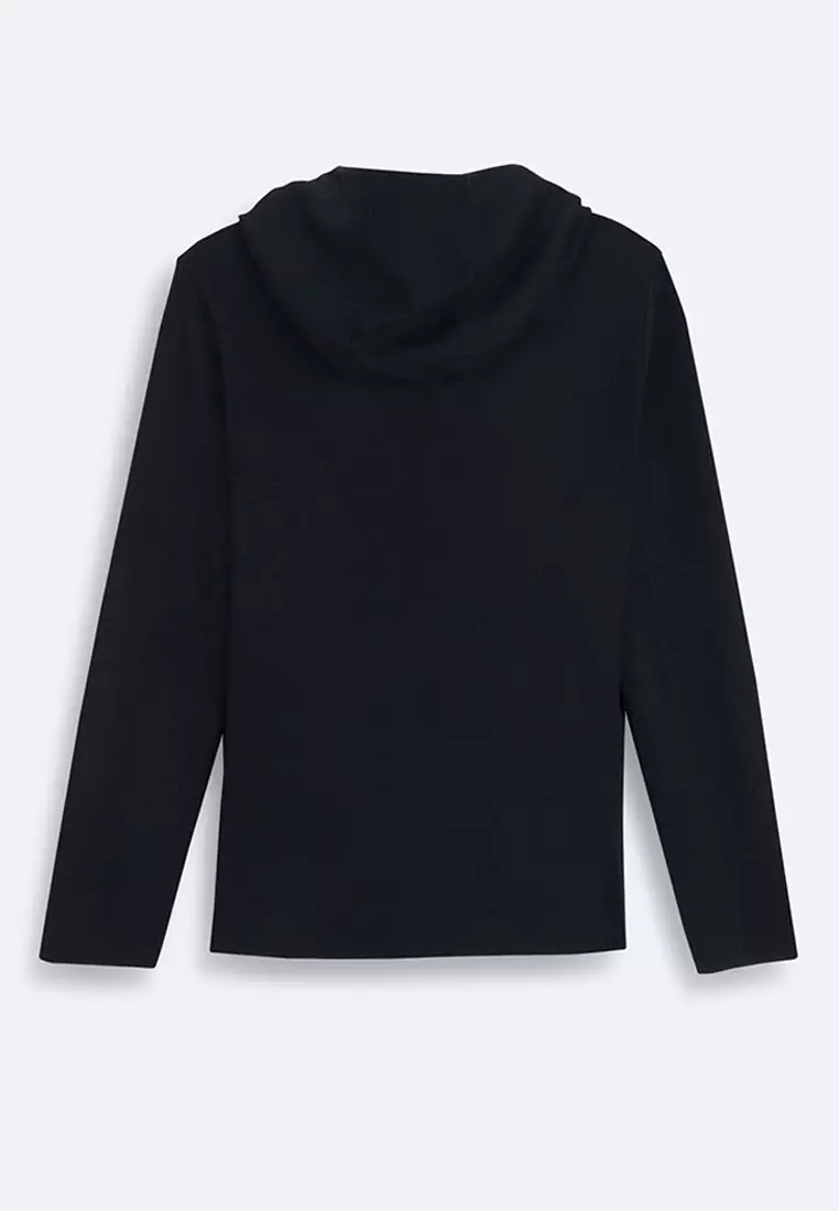 Men's Black Hoodie With Technical Fabric Front Detail Zippered Woolen Cardigan A32Y6058