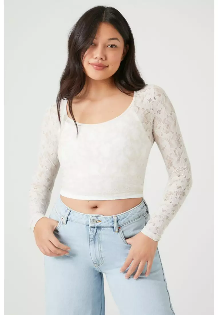 Buy FOREVER 21 Lace Long-Sleeve Crop Top 2024 Online