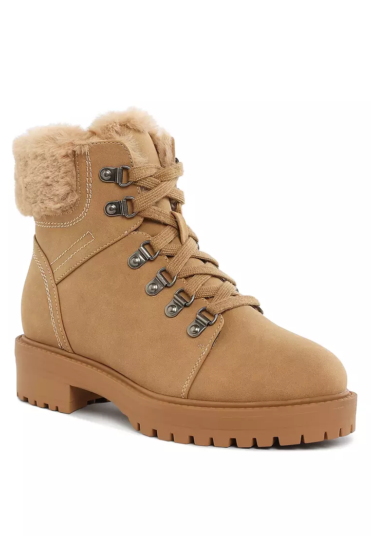 Faux Fur Collar Ankle Boots in Beige