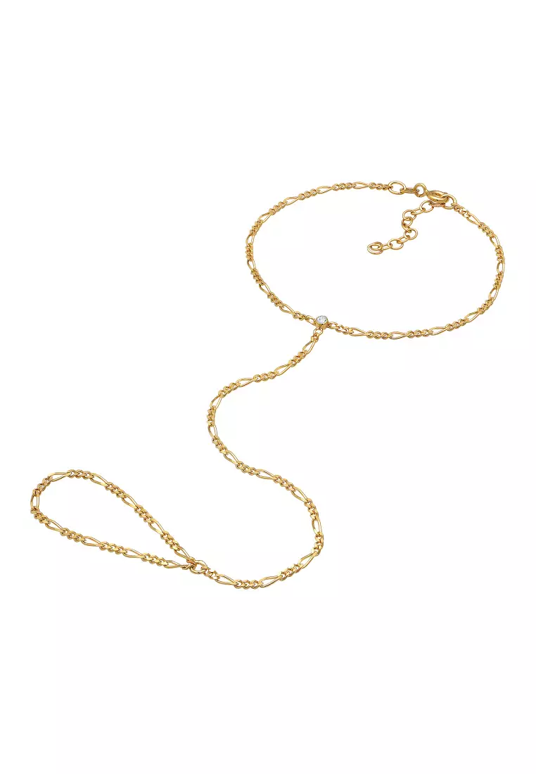 Gelang Perhiasan Perak 925 Wanita Hand Chain Figaro with Crystals Gold Plated