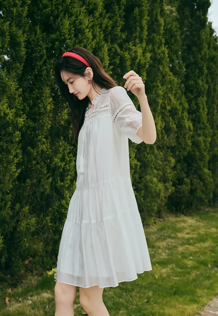 Ruffled Collar Embroidery Tiered Dress