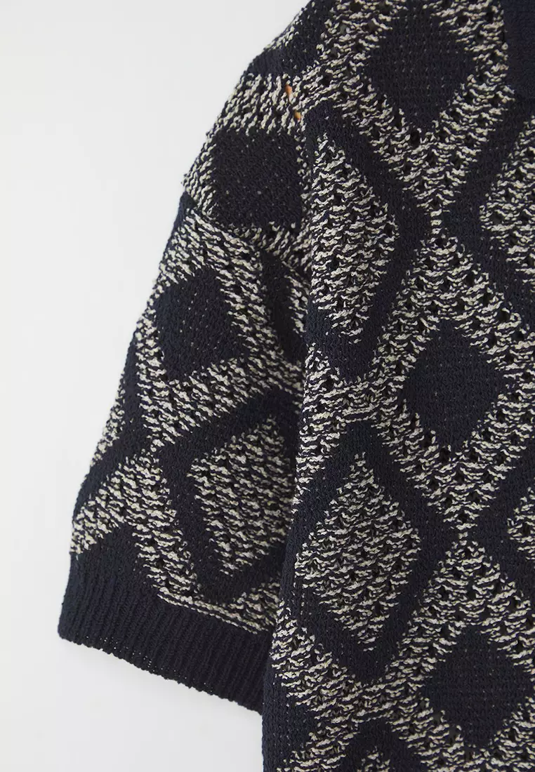Navy Blue Oversize Fit Openwork Polo Neck Knitwear Tshirt TMNSS25PO00040
