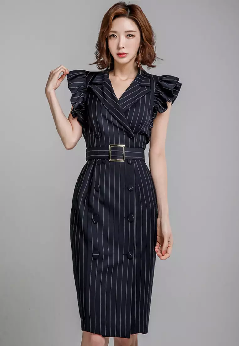 黑色直紋蓋式背心連身裙 A091008