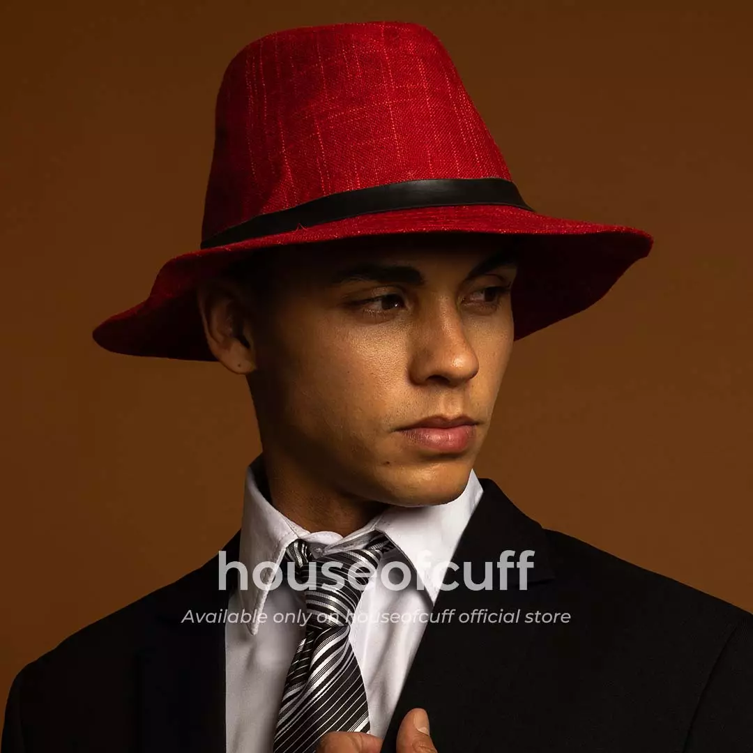 Houseofcuf Topi Panama Hat Fedora Pantai Lebar Unisex Merah List Hitam