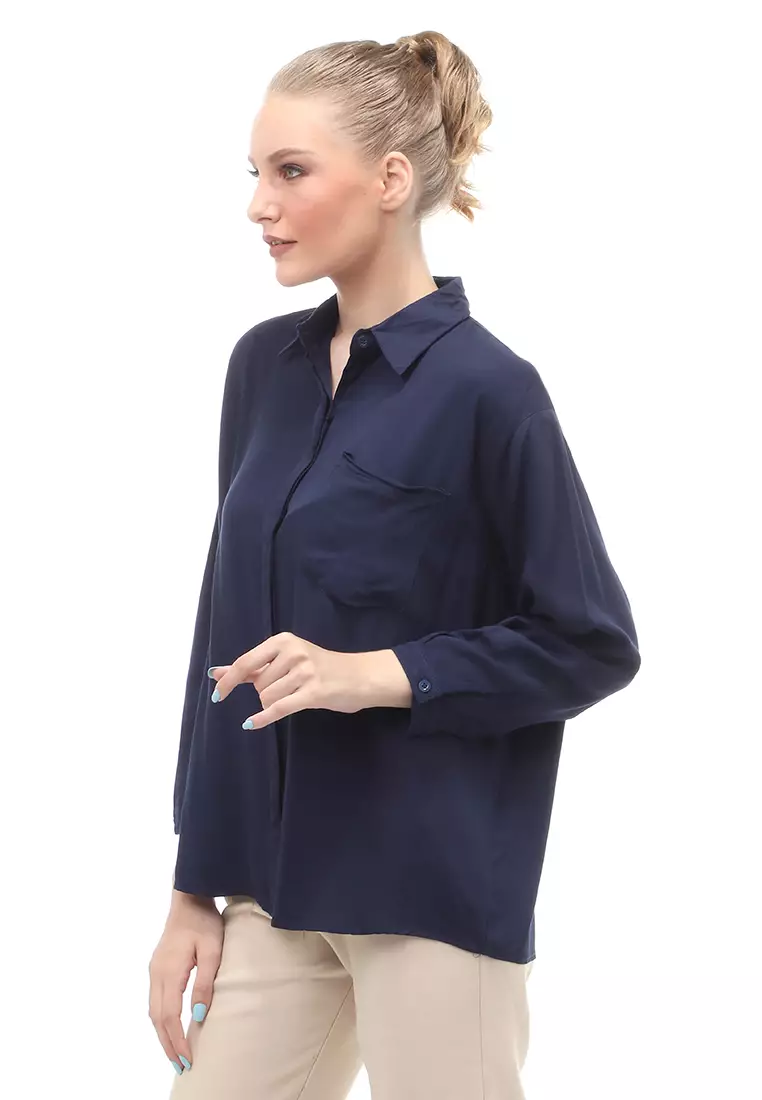 Dean Basic Shirt Lengan Panjang Atasan Wanita Front Button Opening Relaxed Fit - Navy