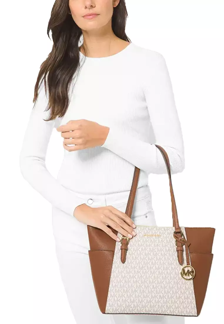 Charlotte Large Logo and Leather Top-Zip Tote Bag In Vanilla 35T0GCFT3B