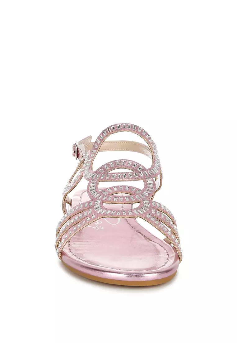Sandal Datar Berlian Imitasi Detail Potongan Warna Pink