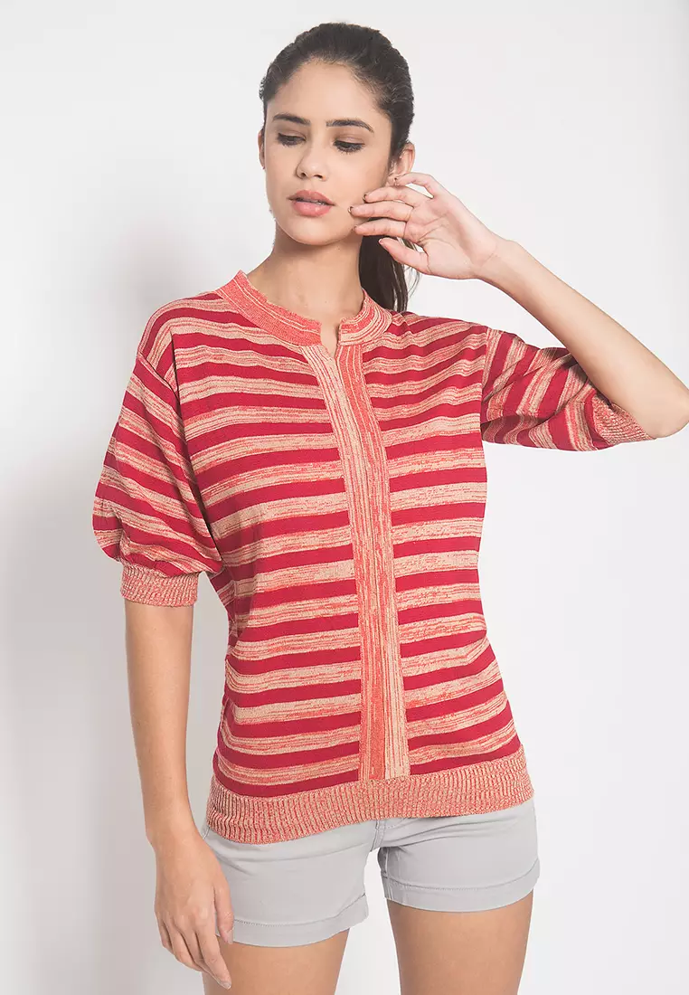 LGS - Sweater Wanita - Motif Salur - Merah - Slim Fit - LST.360.U678.077.C