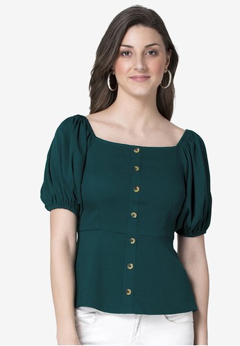 FabAlley green Buttoned Puff Sleeve Blouse C8599AA927CE3BGS_1