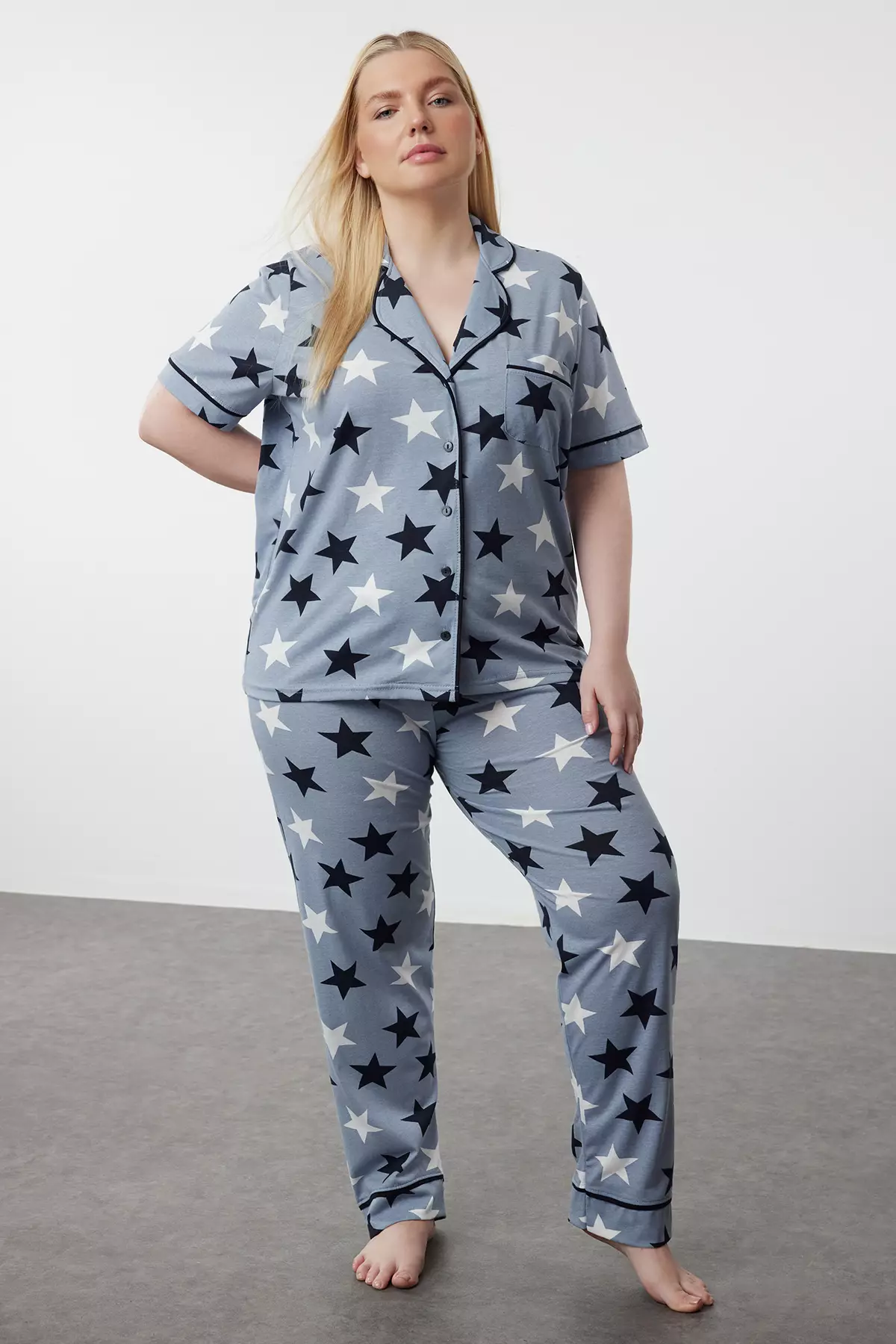 Blue Star Patterned Shirt Collar Knitted Pajamas Set Tbbaw24Ai00040