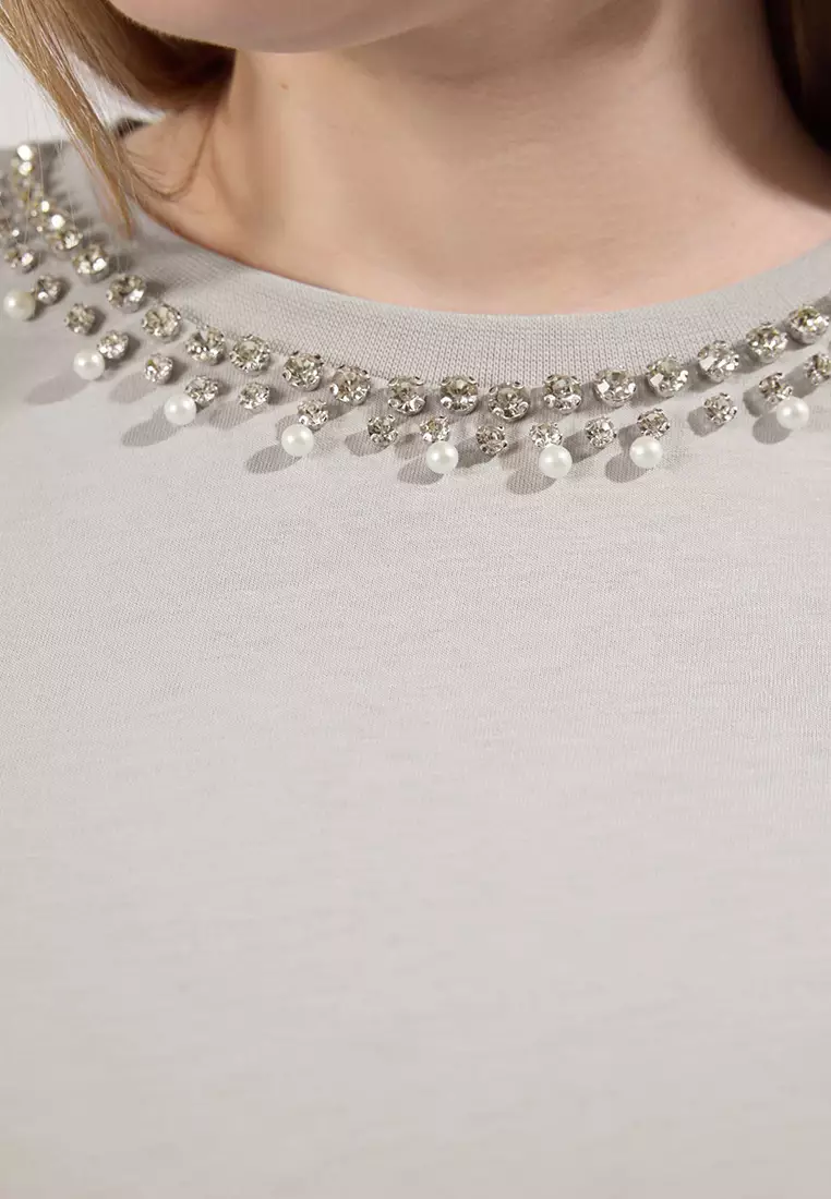 Stone Collar Stoned Boyfriend Fit 100% Cotton Knitted Plus Size T-Shirt Tbbss25Bf00021