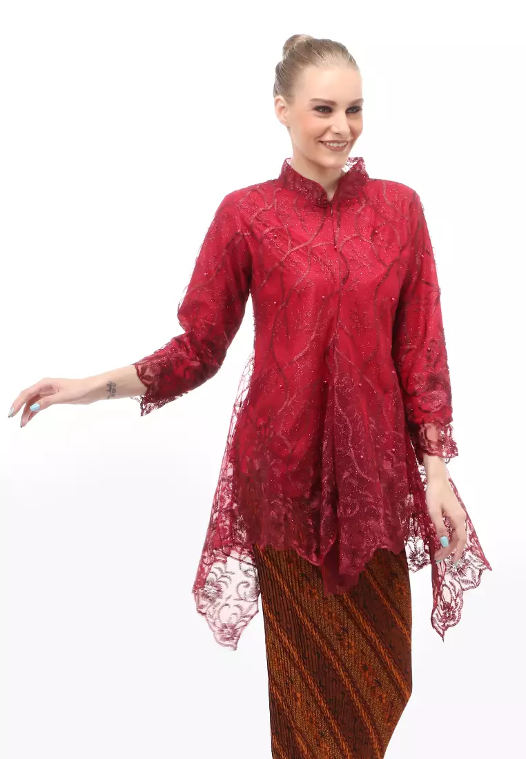 Kebaya Tunik Atasan Wanita Design Tulle Premium Quality - Maroon