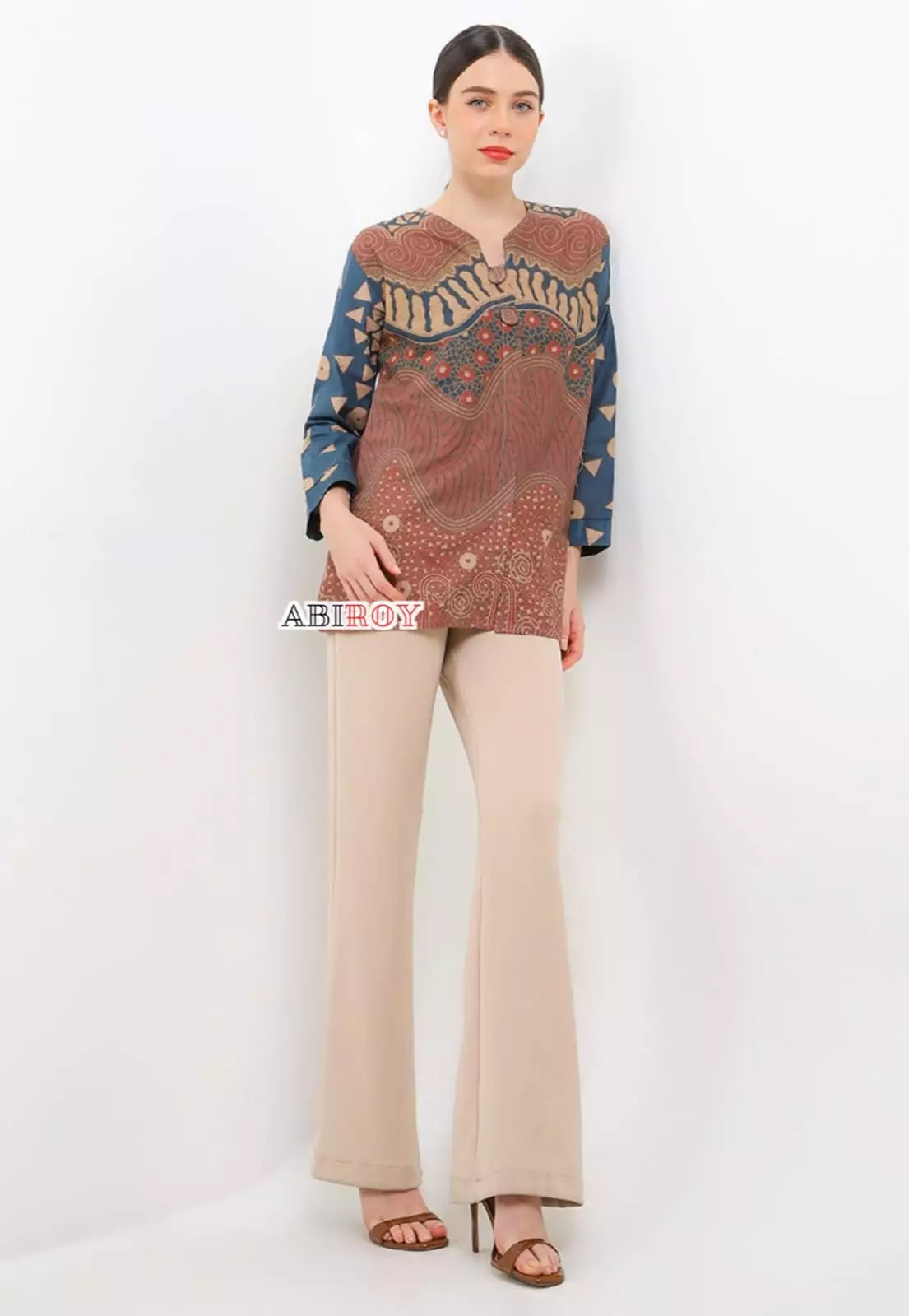 Blouse Batik Balasuta Coklat Biru Premium Slimfit Elegant NLN