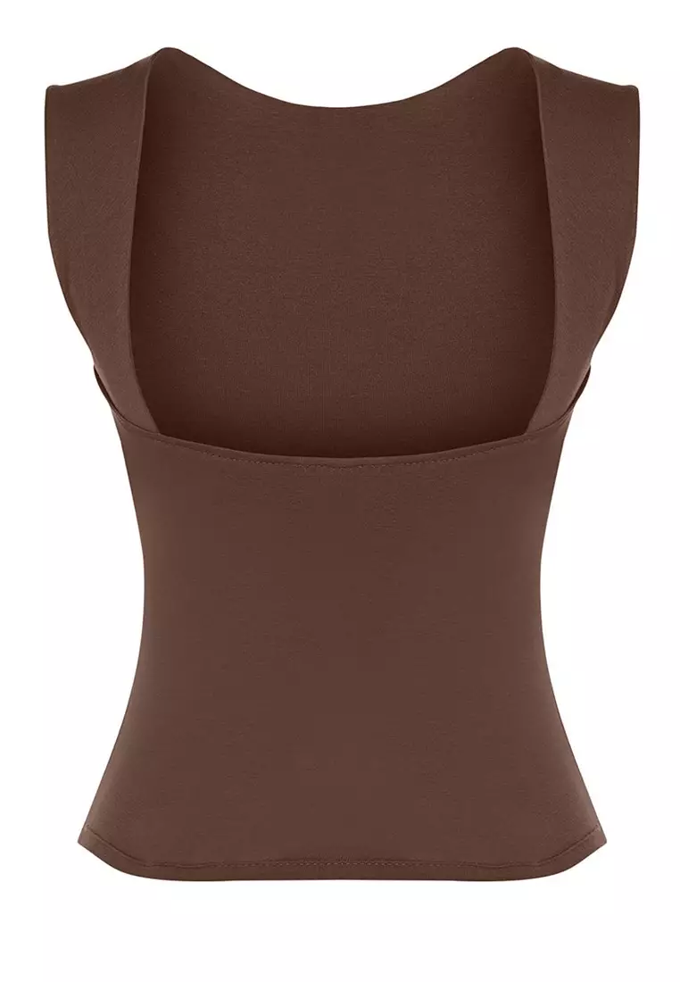 Brown Backless Fitted Regular Length Cotton Flexible Knitted Blouse Twoss24Bz00031