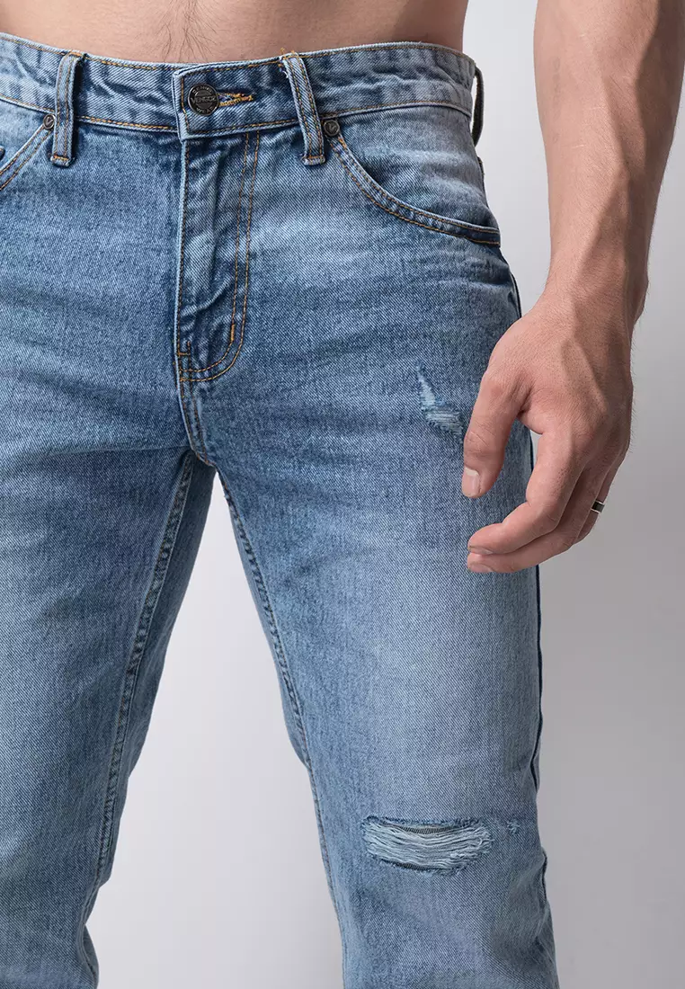 Tapered Fit Jeans Premium Washed Blue Ripped