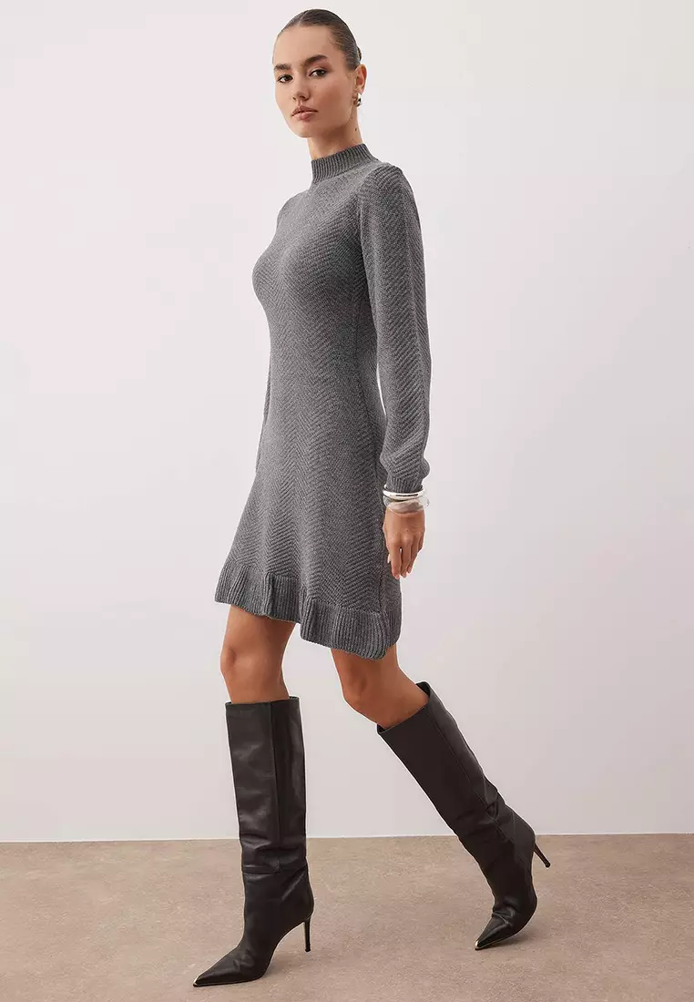 Anthracite Plain Short / Mini Ruffled High Neck Knitwear Dress Twoaw26El99