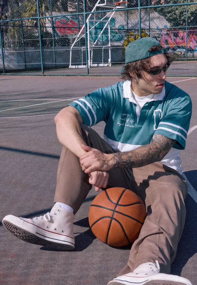 Green Oversize/Wide Cut Color Block Brooklyn Printed Polo Neck T-shirt TMNSS25PO00029