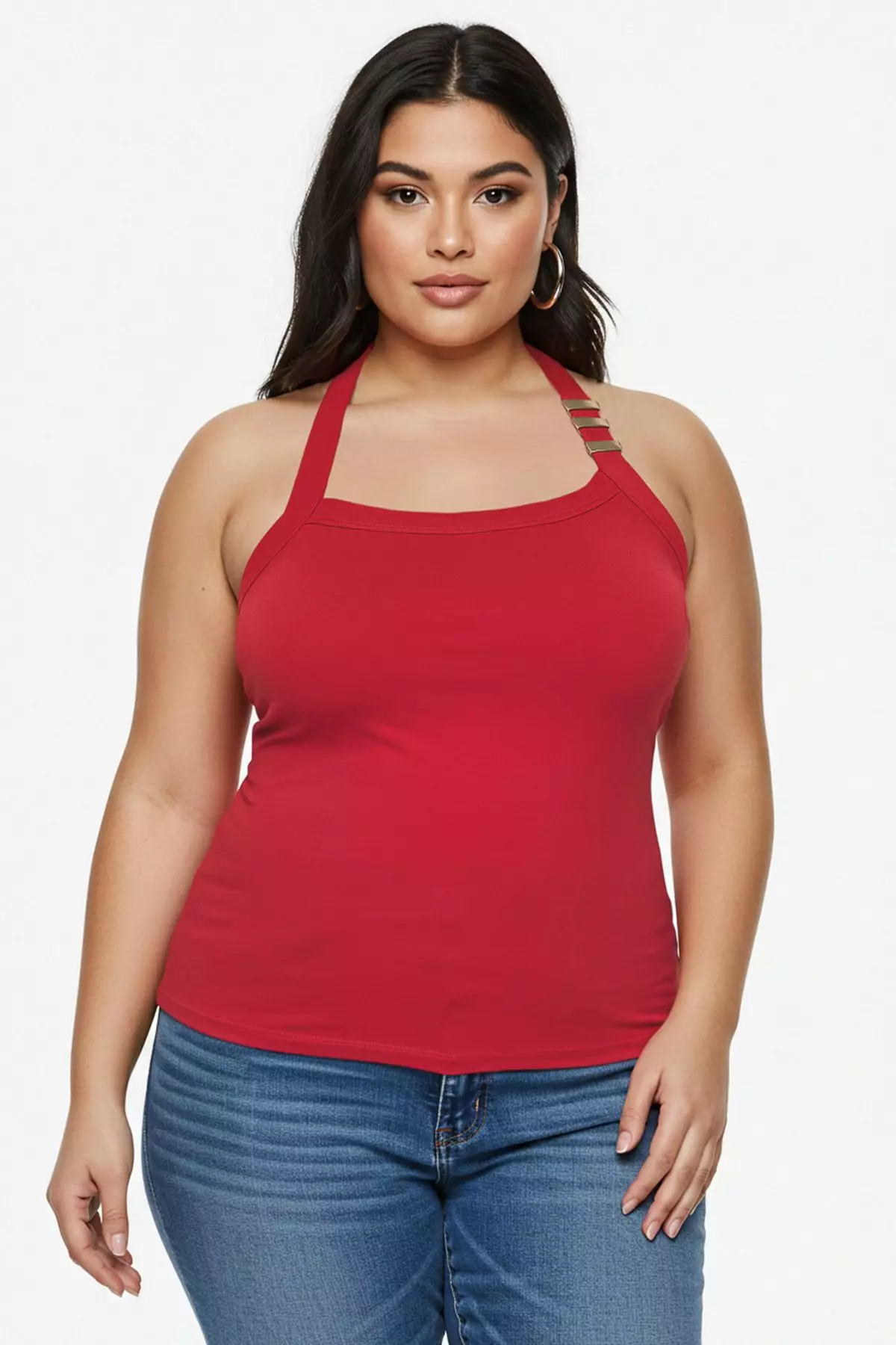 Red Accessory Fitted Knitted Plus Size Blouse Tbbss25Af00055