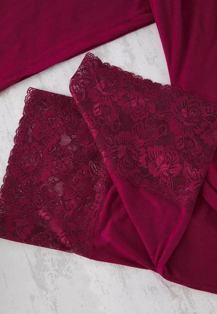 Burgundy V Neck Lace Knitted Pajama Set TBBSS25AI00111