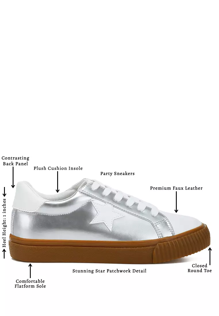 Metallic Faux Leather Star Sneakers in Silver