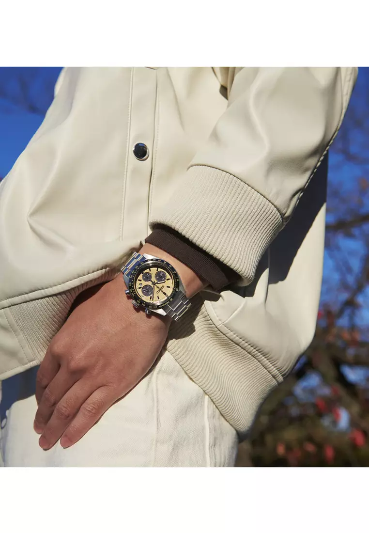 Prospex SSC817P Solar Chronograph Speedtimer Men's Watch | Beige Dial with Silver Stainless Steel Band