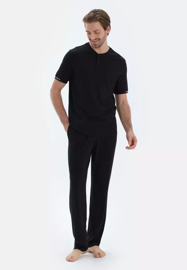 Black T-Shirt & Trousers, Crew Neck, Regular, Long Leg, Short Sleeve Sleepwear for Men