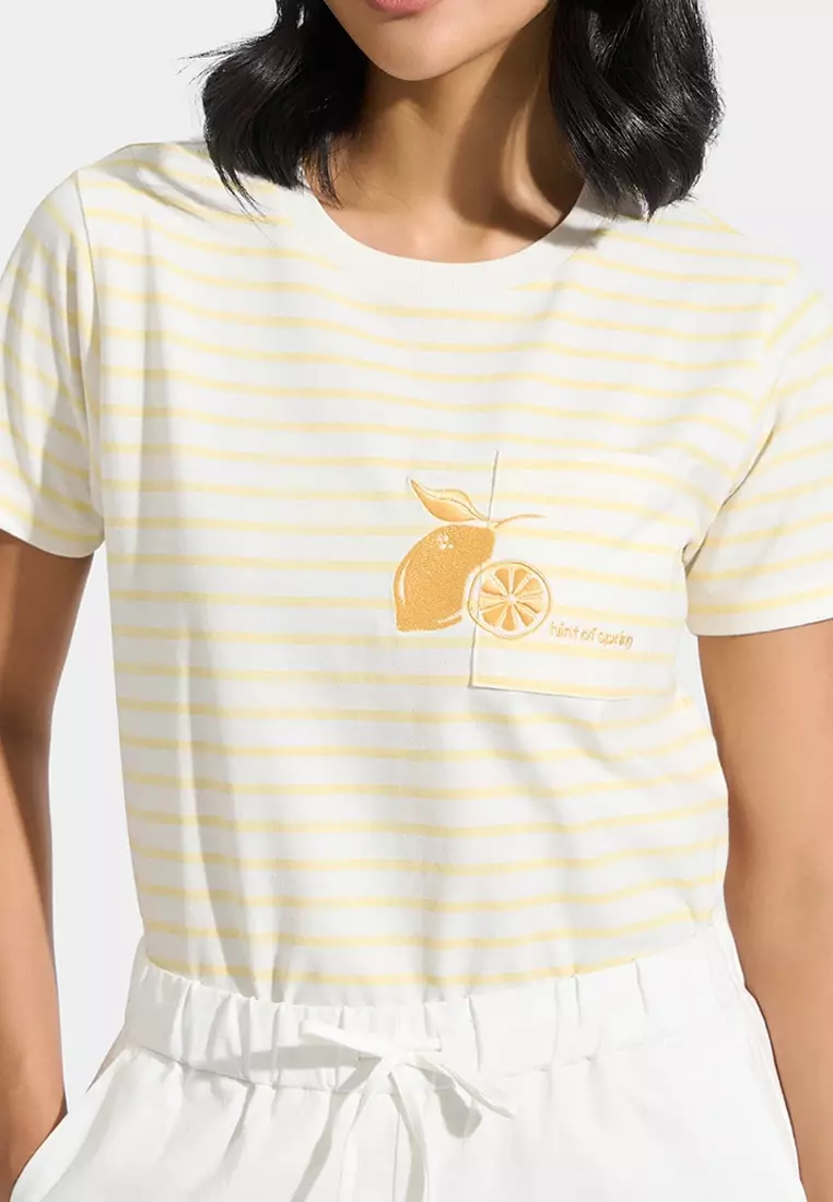 Embroidered Lemon Stripes Tee With Patch Pocket
