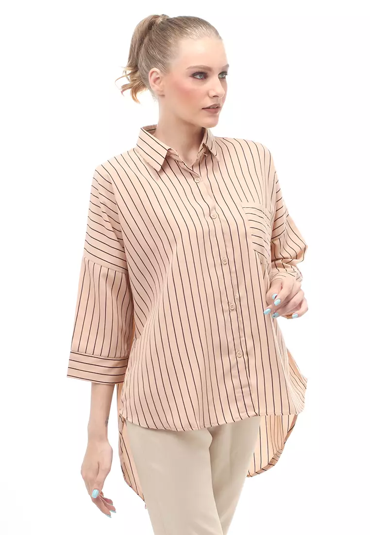 Shirt Salur Lengan Panjang Atasan Wanita Casual Front Button Opening - Coklat