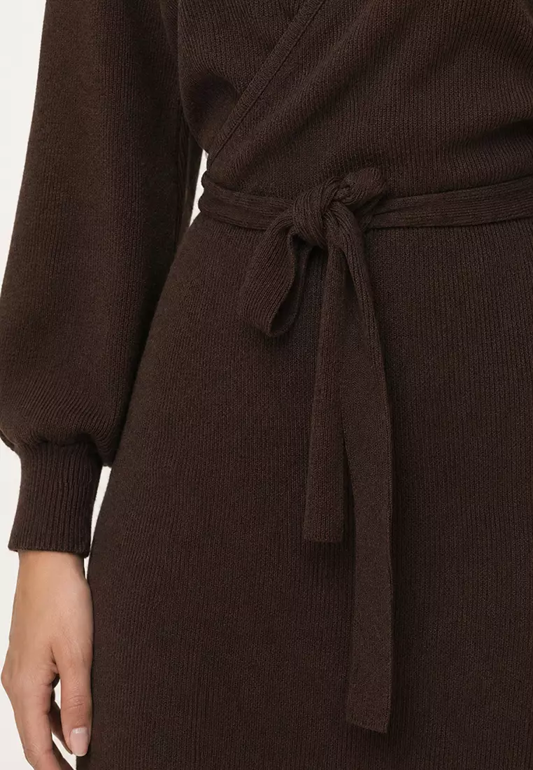 Women's Dark Brown Double-Breasted Batwing Sleeve Waist Belted Camisole Dress Alc-X7623