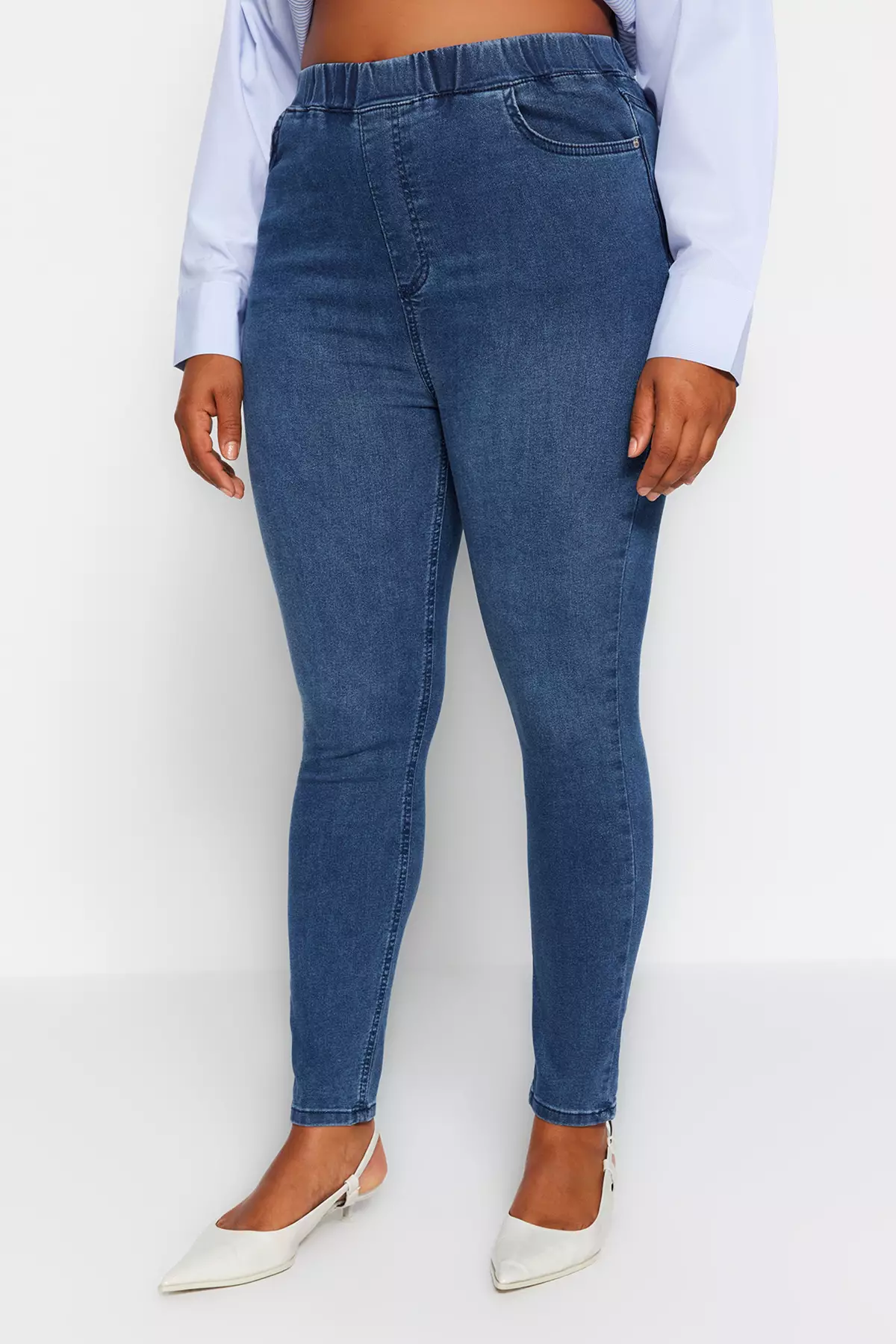 Trendyol Plus Size Blue Wide Leg Jeans with Elastic Waist 2024