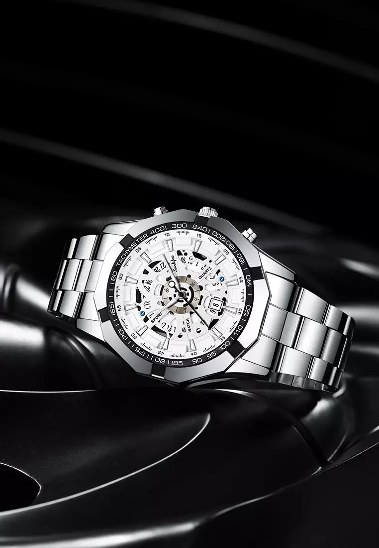 Jam Tangan Pria Original Calendar Luxury Bisnis Tali Stainless Steel Jam Tangan Cowok 9096 silver white