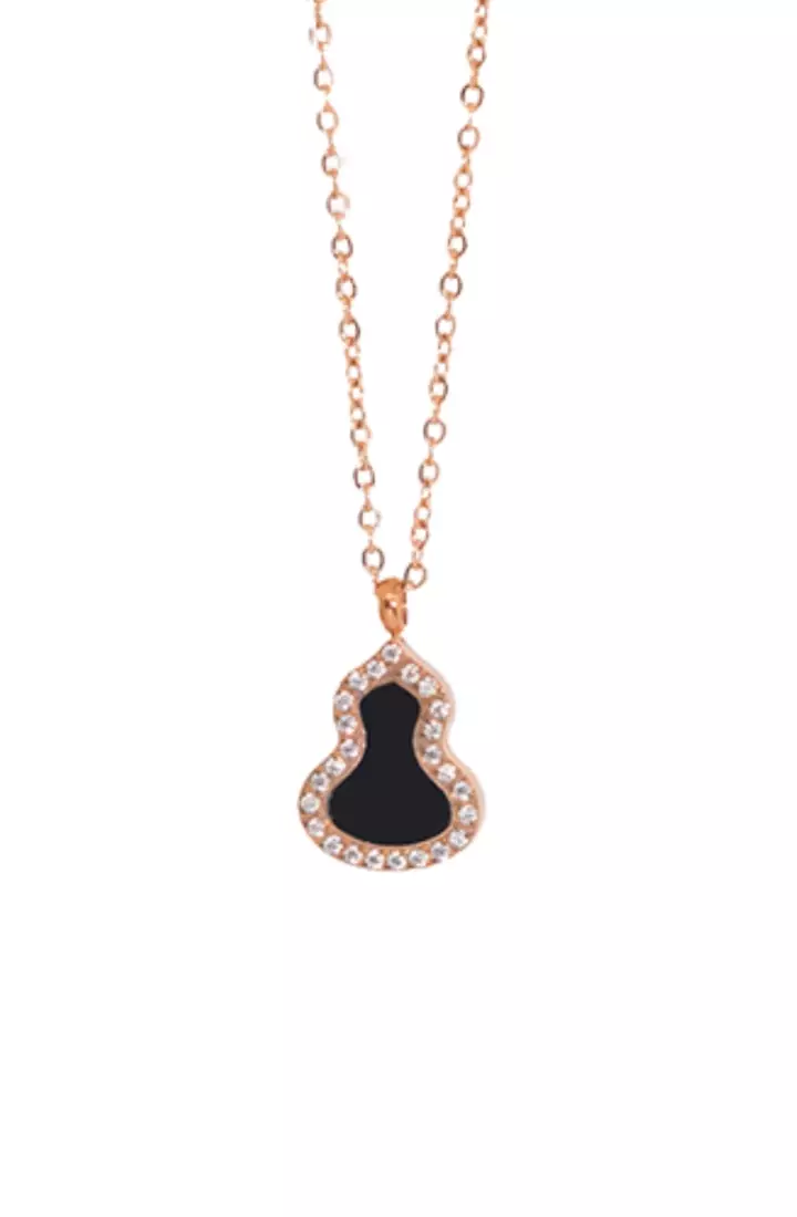 Wealthy Blessed Black Hulu with Cubic Zirconia Pendant Chain Necklace in Rose Gold