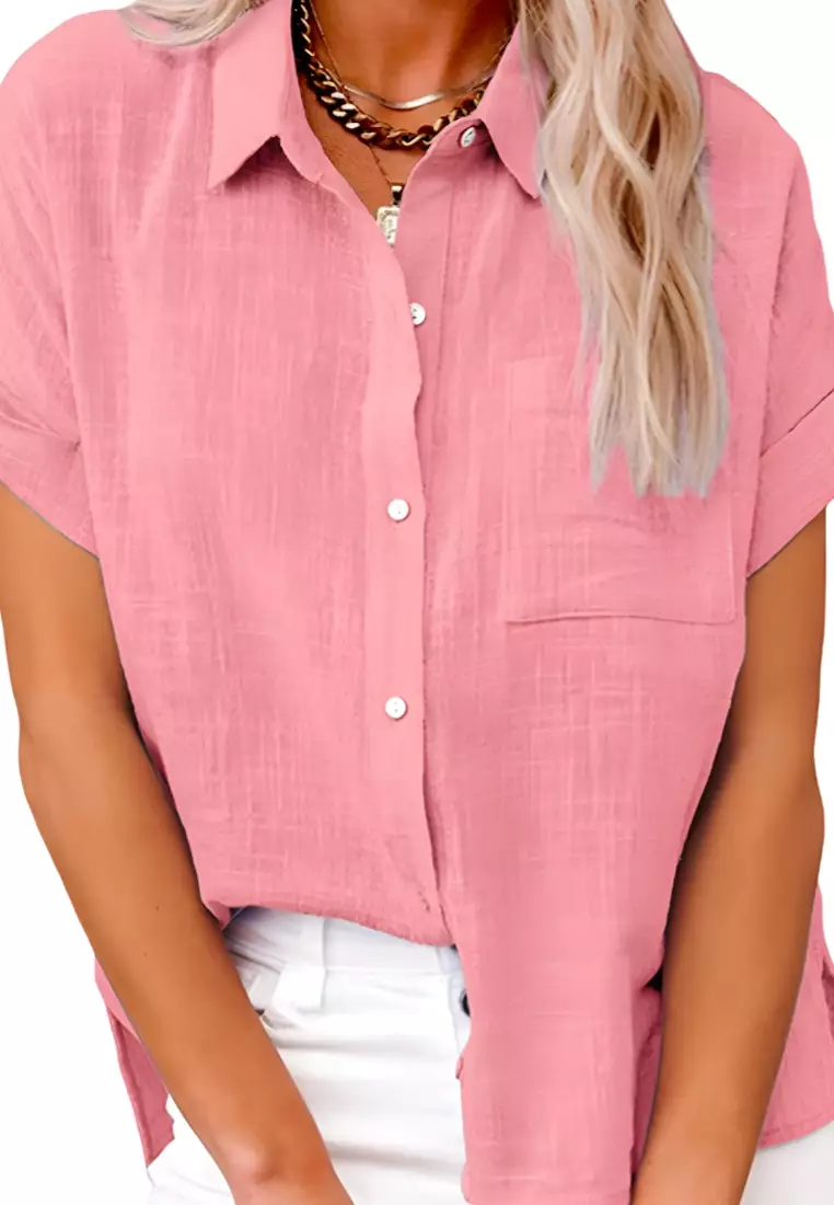 New Top Cotton And Linen Pocket Short-Sleeved Shirt