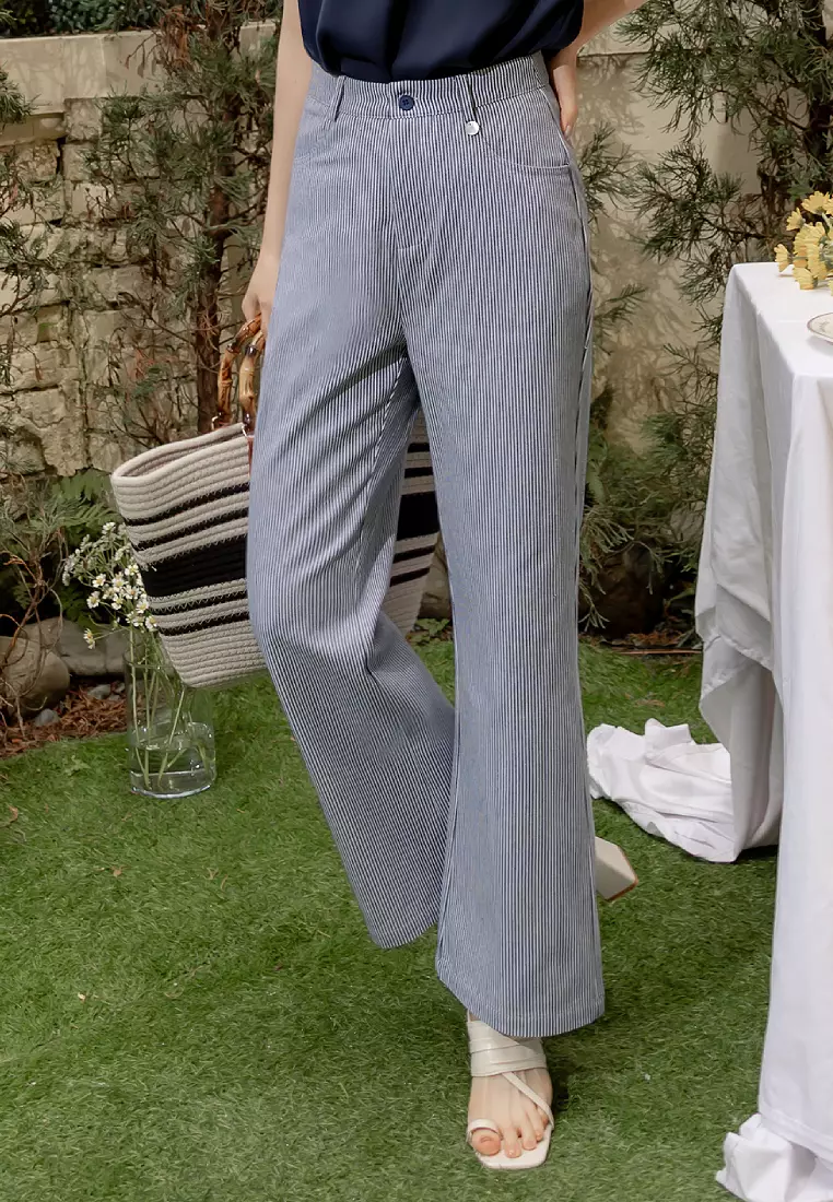 Subtle Striped Shell Button Trousers [BA7796]