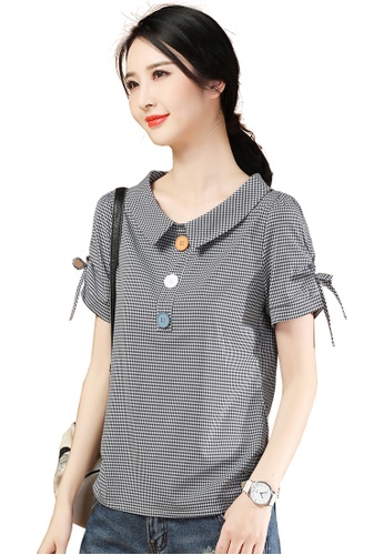 A-IN GIRLS black and blue Fashion Three-Color Button Lapel Blouse 30342AA5700ECDGS_1
