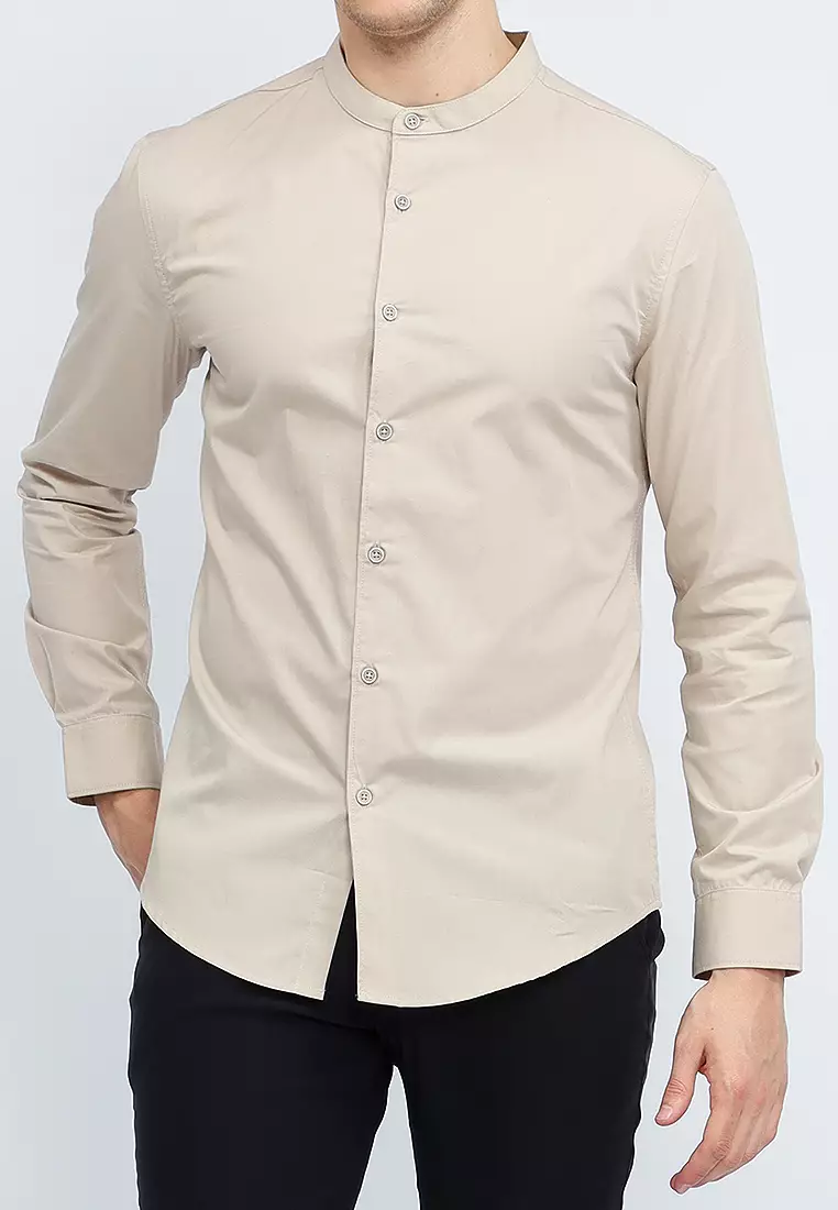 Kemeja tangan panjang Collarless koko cotton oxcon Khakis