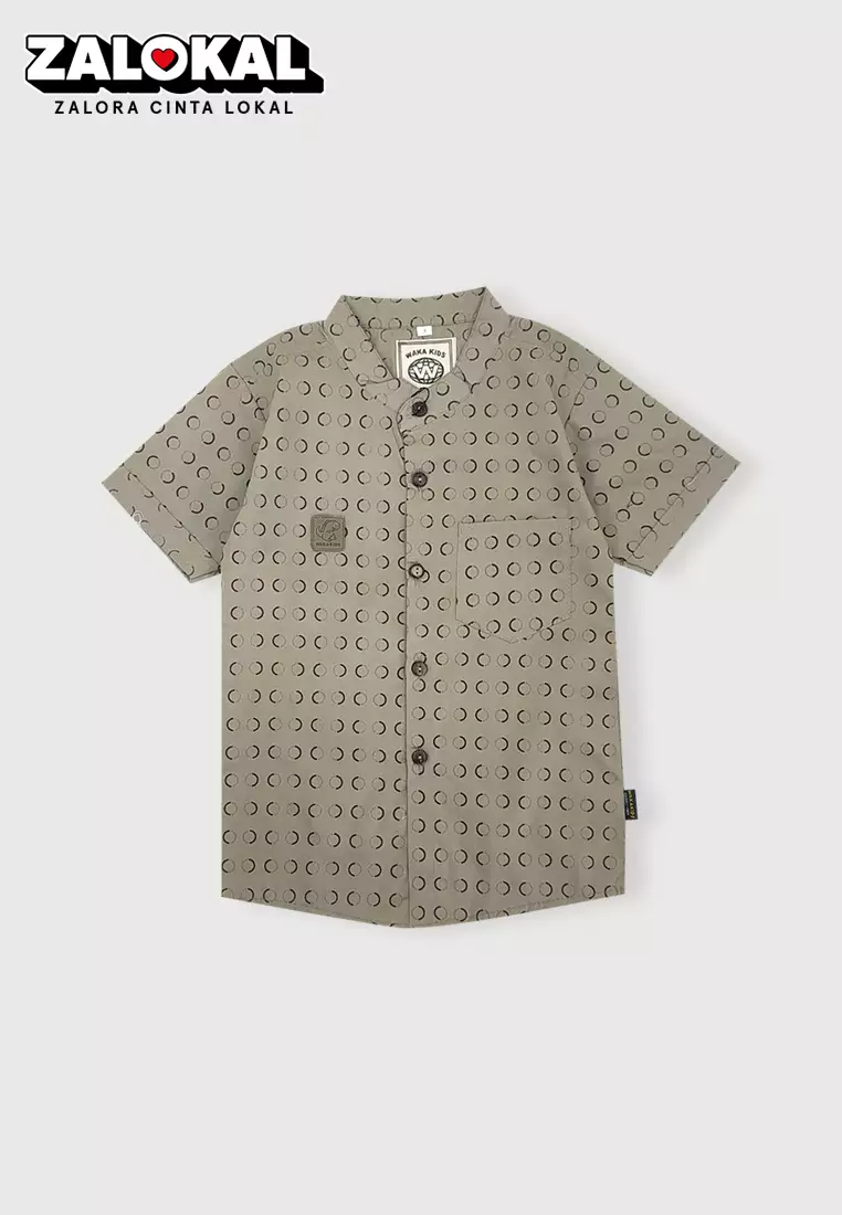 Wakakids Kemeja Anak Laki Laki Usia 1 Tahun Hingga 8 Tahun Atasan Baju Kerah Shanghai Mandarin Collar Shirt Motif Circle Pattern 4300 Vensk Coklat